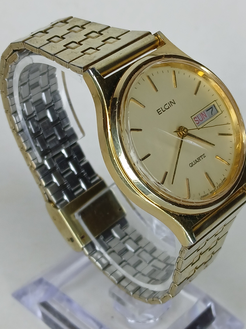 ​Vtg Elgin Men Watch Gold Tone Day Date Quartz Japan Movt FD032WA Bracelet Runs